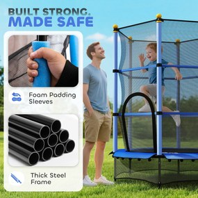 HOMCOM Trampolina dla Dzieci, Ø140 cm, z Siatką Bezpieczeństwa, do Wnętrz i na Zewnątrz, Stal, Plastik, Obciążenie do 50 kg, Niebieska