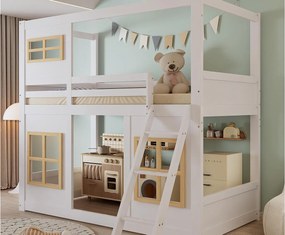 Łóżko piętrowe 90×200 cm - z oknami i barierkami - z drabiną 3-stopniową - Drewno lite + MDF - białe (bez materaca)