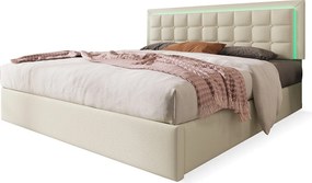 Łóżko z pojemnikiem 140x200cm z LED w skórze ekologicznej - z stelażem na listwy - Białe