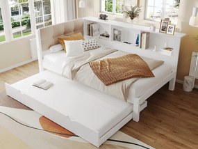 Kanapa rozkładana 90x200 cm​​ - Łóżko pojedyncze - Z łóżkiem schowkowym - Z taśmą LED - Z półką - Z portem USB - Sosna - Biały (bez materaca)