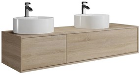 Wisząca szafka z podwójną umywalką do łazienki,  w jasnym, naturalnym kolorze  - L150 cm - ISAURE II