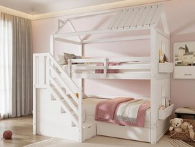 Łóżko piętrowe dla dzieci 90x200cm - z schodami do przechowywania + 2 szuflady + półki - z drewna sosnowego i MDF - Białe
