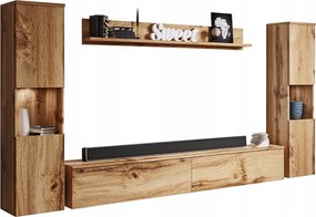 Nowoczesna meblościanka 4-elementowa do salonu z LED, mat, 2 słupki, szafka RTV 180 cm i półka, dąb wotan