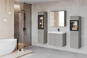Meble łazienkowe, zestaw wiszący do łazienki z umywalką, 2 słupkami i szafką lustrzaną, szary pallad mat