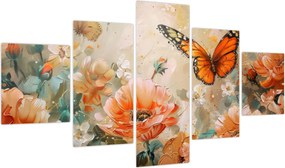 Obraz - Motyl i kwiaty, obraz olejny (125x70 cm)