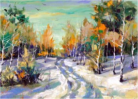 Obraz - Zaśnieżona ścieżka przez las, obraz olejny (70x50 cm)