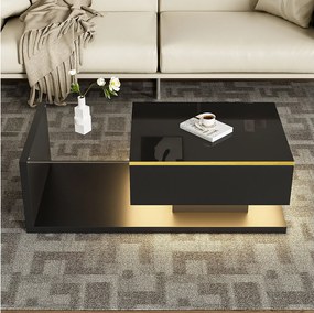 Stolik kawowy LED 100 cm, czarny stolik kawowy z otwartą przestrzenią do przechowywania, 16-kolorowe oświetlenie