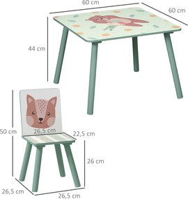 ZONEKIZ Zestaw Mebli dla Dzieci 3-8 Lat, 1 Stół &amp; 2 Krzesła, Uroczy Motyw Zwierzęcy, Zielony