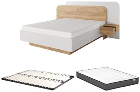 Łóżko z szafkami nocnymi 160 x 200 cm - Z oświetleniem LED - Naturalny i biały + Stelaż + Materac - DESADO