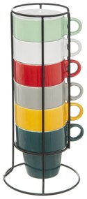 Zestaw 6 kolorowych filiżanek do cappuccino + metalowy stojak