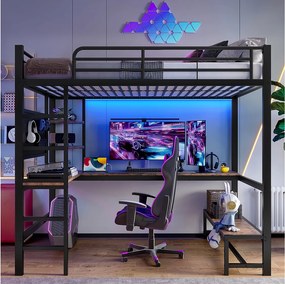 Łóżko antresolowe 90 x 200 cm, łóżko dla dorosłych z biurkiem, portem USB i diodą LED, czarne – bez materaca