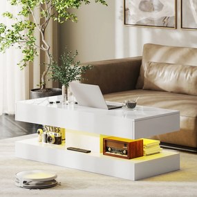 HOMCOM Stół do salonu z szufladami i lampkami LED, nowoczesny stół do kanapy z otwartą półką, stół kawowy, płyta wiórowa, Biały