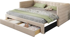 Kanapa rozkładana tapicerowana 90×190 cm - z 2 szufladami - ze stelażem listwowym - beżowa (materac nie jest zawarty)