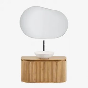 Zestaw Mebli Łazienkowych Z Drewna Mango Analis Naturalna & Cement Okrągły Biały Ø40 Cm Zavion & Owalna Lampa Led I - Sklum