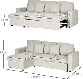 HOMCOM Narożnik z funkcją spania, Zestaw narożny z sofą 2-osobową, Łóżkiem, Narożnikiem L z miejscem do przechowywania, 2 Poduszki Kremowy