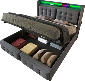 Łóżko z pojemnikiem 180x200cm z tkaniny lnianej - z LED i portami ładowania - Szare