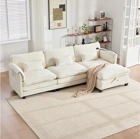 Nowoczesna sofa 3-osobowa - 279 x 83 x 85 cm - z portem USB, kieszenią boczną i podnóżkiem ze schowkiem - aksamitna - beżowa