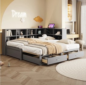 Rozkładana sofa - 90/180 x 190 cm - ze schowkiem + 2 szuflady + gniazdo - sosna + sklejka + MDF - szary