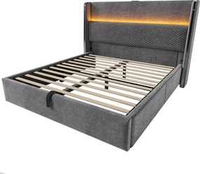 Łóżko z pojemnikiem 160 x 200 cm - Łóżko dla dorosłych z oświetleniem LED i portami USB/Type-C - len szary - materac w zestawie