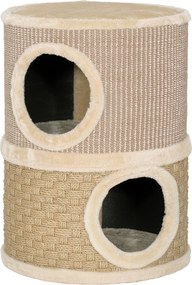 PawHut Beczka do drapania, wysokość 49 cm, Ø35,5 cm dwupoziomowa beczka z obszyciem z pluszu mata do drapania, 2 kryjówki Khaki+Kawowy