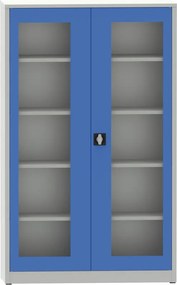 Spawana szafa półkowa z drzwiami z oknami z pleksi, 1950 x 1200 x 600 mm, szara/niebieska