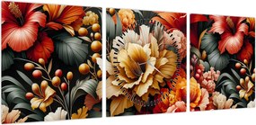 Obraz - Pomarańczowo-czerwone kwiaty (z zegarem) (90x30 cm)