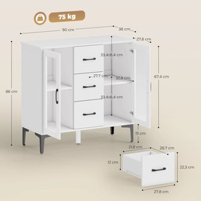 HOMCOM Nowoczesny sideboard z drzwiami z cichym domykaniem, kredens z 3 szufladami i 2 drzwiami ze szkła, regulowane półki, MDF, biały