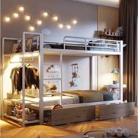 Łóżko piętrowe dla dzieci - 2 x 90 x 200 cm - rama żeliwna - z 2 szufladami + półki + diody LED - metalowe - białe