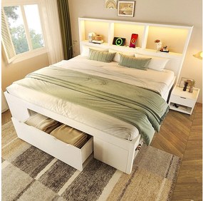 Łóżko pojedyncze drewniane z pojemnikiem - 140 x 190 cm - z wyjmowaną szafką nocną + diody LED + USB + szuflady + półki - białe