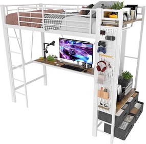 Łóżko piętrowe 90×200 cm - z biurkiem + suszarką na ubrania - 4 szuflady - porty USB + TYPE-C - taśma LED - białe