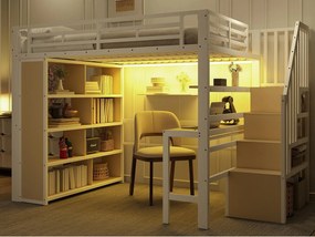 Łóżko na antresoli 140x200 cm - z biurkiem + przegródkami do przechowywania - z taśmą LED - z drabiną - Biały (materac nie jest wliczony w cenę)