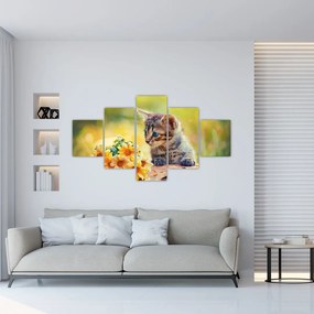 Obraz kotka patrzącego na kwiat (125x70 cm)