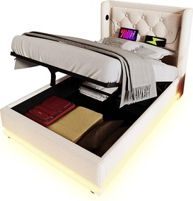 Łóżko tapicerowane 90 x 200 cm z tkaniny bawełnianej - z funkcją ładowania i LED u stóp łóżka - Beżowe