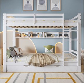 Łóżko piętrowe dla dzieci - 2 x 90 x 200 cm - z łóżkiem wysuwanym 90 x 190 cm + półki - sosna + MDF + sklejka - białe
