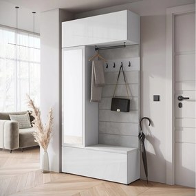 Nowoczesna garderoba szafa do przedpokoju z lustrem siedziskiem i półkami fronty biały połysk korpus Biały mat