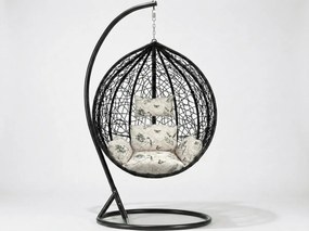 Czarny wiszący fotel KOKON ze stojakiem, beżowa poduszka