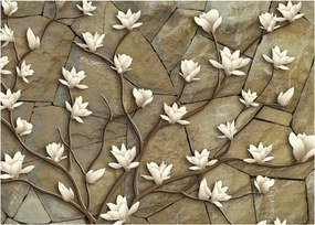 Obraz na szkle - Białe magnolie na murze kamiennym (70x50 cm)