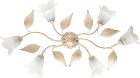 Olga - lampa sufitowa z lakierowanego żelaza w kolorze kości słoniowej, dekor stare złoto, klosze alabastrowe Ø14 cm, elegancki styl, 6 świateł