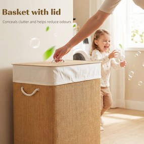 HOMCOM Kosz na pranie z bambusa z pokrywą 2 komory 100 L, kosz na bieliznę z uchwytami z liny, wymienny worek na pranie
