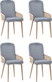 Zestaw 4 aksamitnych krzeseł z rattanowymi podłokietnikami – 4 nogi z naturalnego metalu – szary