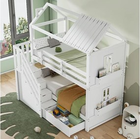 Łóżko piętrowe dla dzieci - 2 x 90 x 200 cm - z drabinką + szufladą i półkami - sosna i MDF - białe