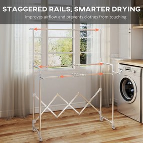 HOMCOM Stojak na pranie, składany suszarka stojąca z 3 regulowanymi prętami, stalowy wieżowy stojak na pranie na kółkach, wieża do suszenia prania do wnętrz i na zewnątrz