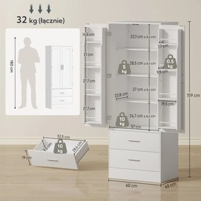 HOMCOM Szafka kuchenna 159 cm, regulowane półki, 2 szuflady, do kuchni, jadalni, płyta wiórowa, MDF, biały