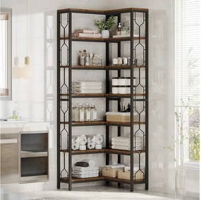 Narożny regał na książki, 7-poziomowy regał industrialny, półki narożne z drewna i metalu, wolnostojący regał ekspozycyjny do salonu