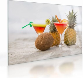 Obraz na szkle ananasów i szklanek na plaży (70x50 cm)