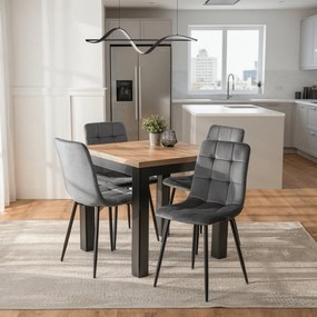Zestaw Stół Kwadratowy Rozkładany MAX 80-160 cm Dąb Craft/Czarny i 4 Krzesła PERU Szare Welurowe