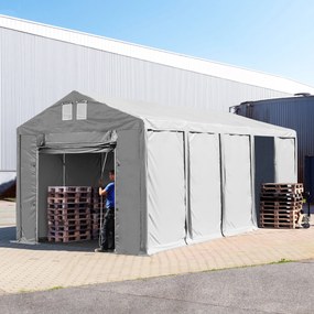 TOOLPORT 4x10m Namiot magazynowy - 3,0 m wysokość ścian bocznych z podciąganą do góry bramą, PVC 850, szary, ze statyką (podłoże betonowe) - (94014)