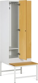 Szafka ubraniowa S1 z ławką, 2-drzwiowa, 1875 x 600 x 500/800 mm, zamek kodowy, drzwi laminowane, brzoza