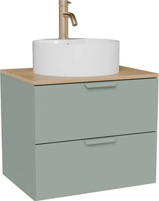 Wisząca szafka łazienkowa z okrągłą umywalką nablatową i baterią – Zielony szałwiowy – S60 cm – AVORELI