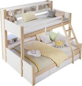 Łóżko piętrowe 90x200cm + 140x200cm - z drabinką i barierką zabezpieczającą - 1 szuflada - oświetlenie LED - kolor naturalny (materac nie jest wliczony w cenę)